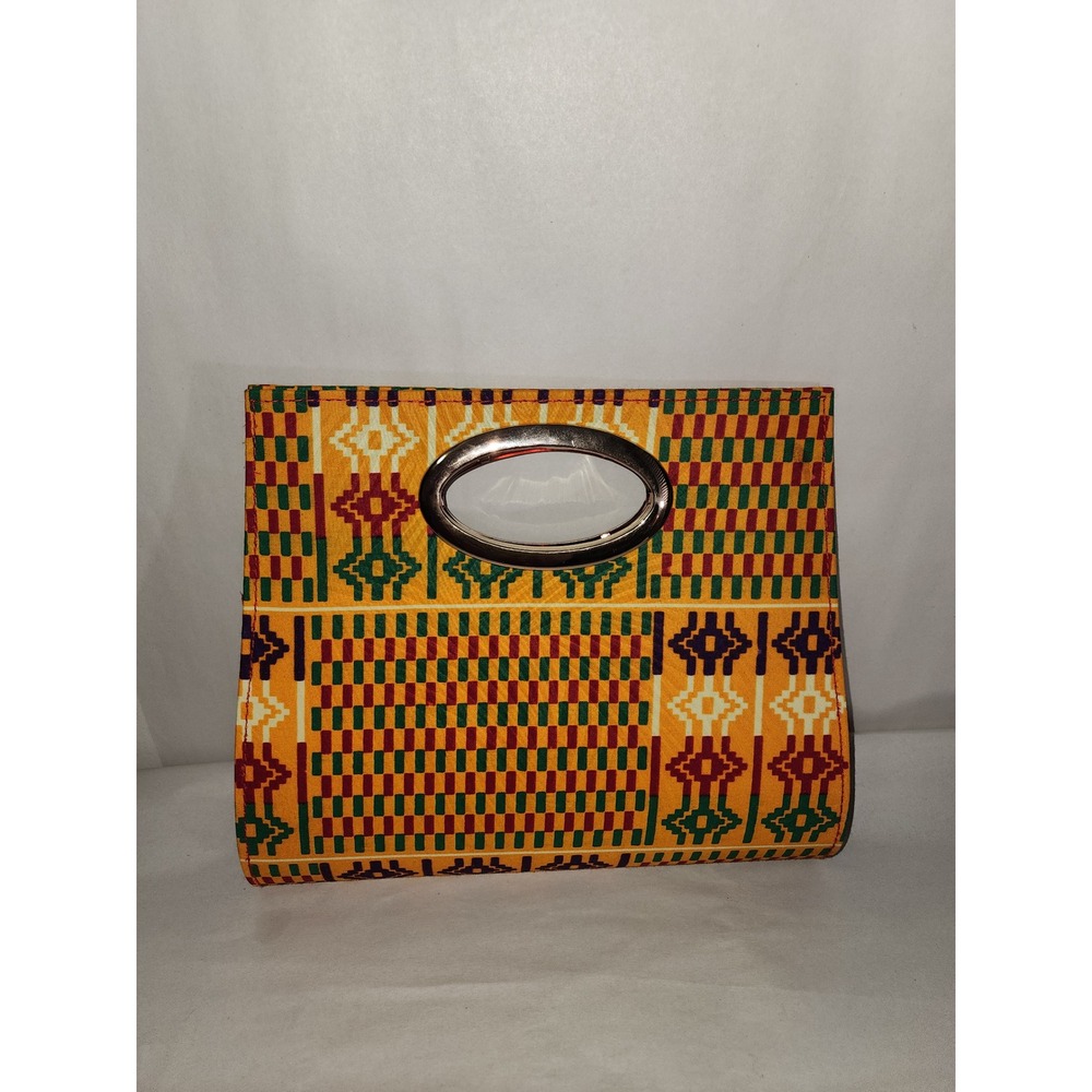 Kente Print Handbag Yellow Geometric Gold Metal Handle Crossbody Chain Strap